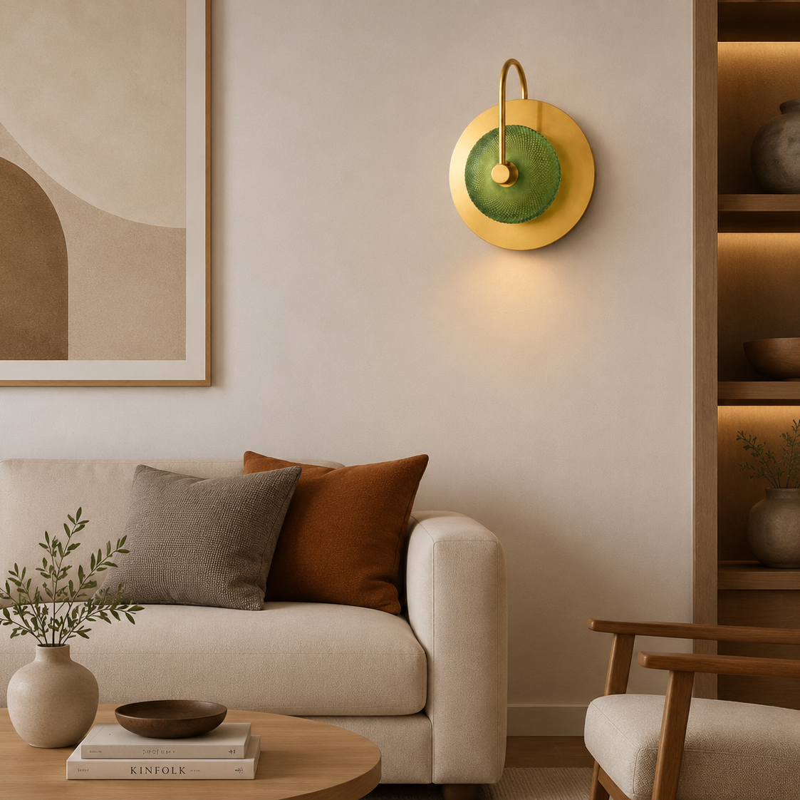Modern living room with a beige sofa, decorative pillows, a round coffee table, and wall-mounted lamp.