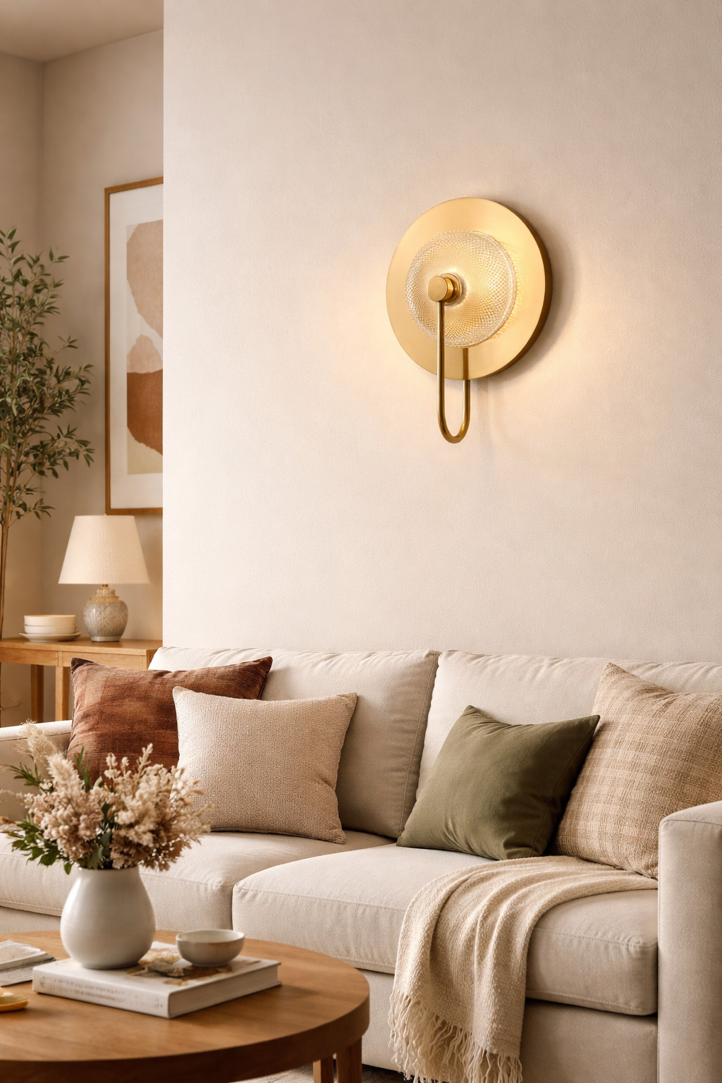 Living room with a beige sofa, decorative pillows, and a wall sconce.
