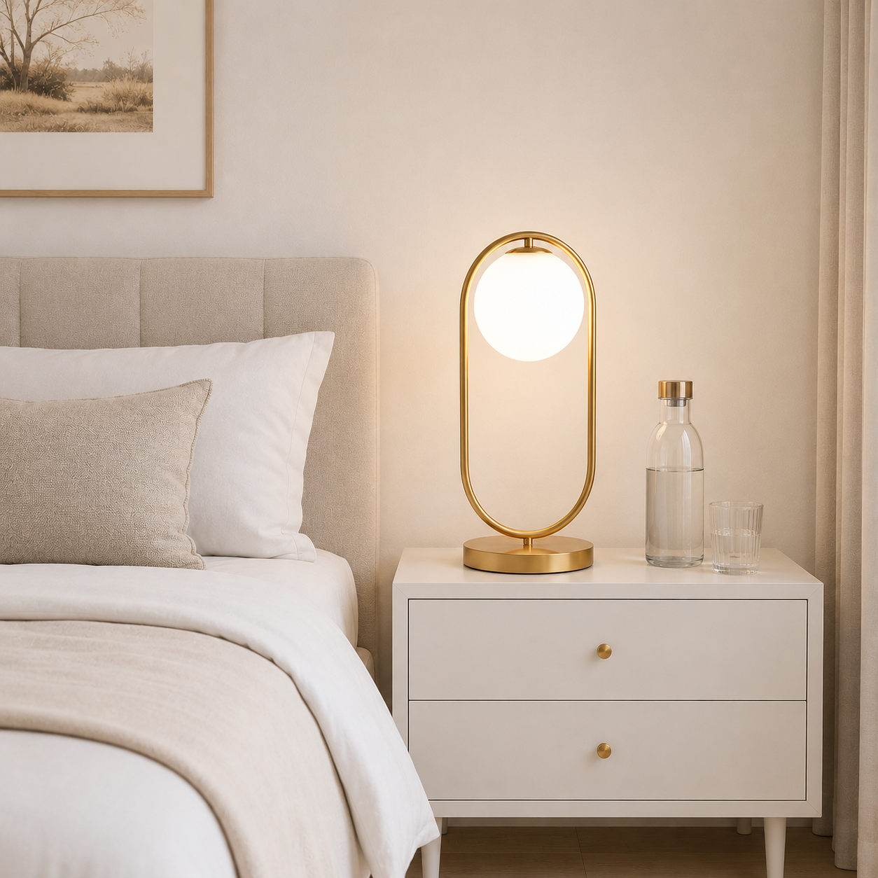 Gold table lamp on a nightstand next to a bed with white bedding.