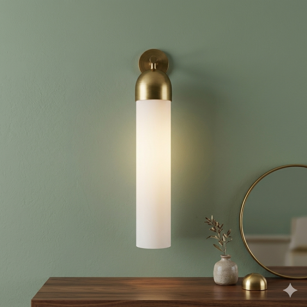 Gold wall sconce with white glass shade on a green wall