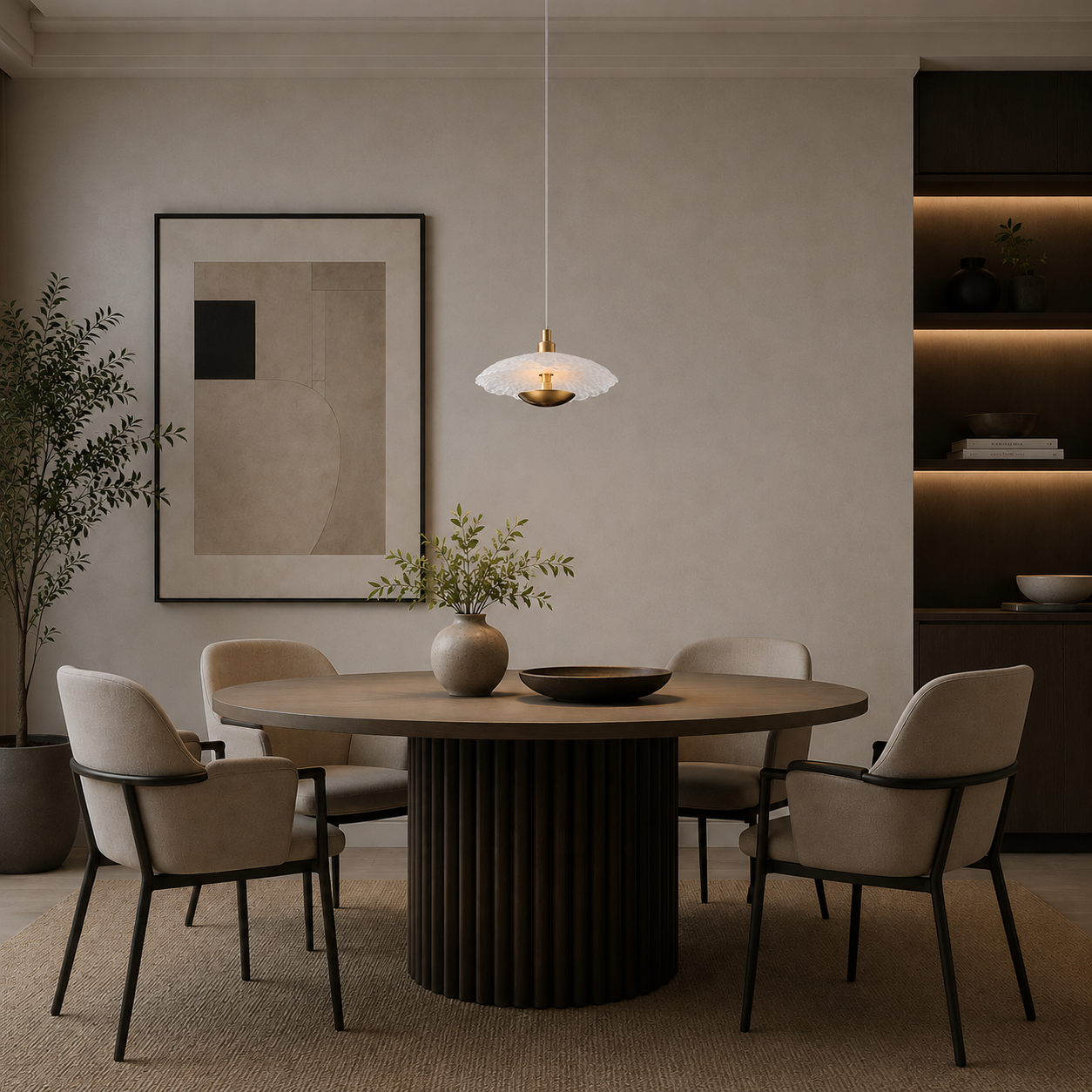 Dining room with a round wooden table and chairs, featuring a modern light fixture and wall art.