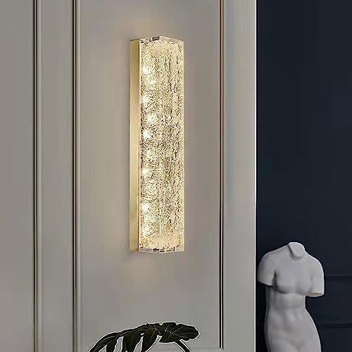 Wall-mounted light fixture on a neutral wall with a dark corner and plant in the foreground.