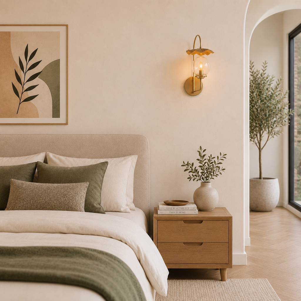Neatly made bed with decorative pillows in a bedroom setting with a nightstand and wall sconce.