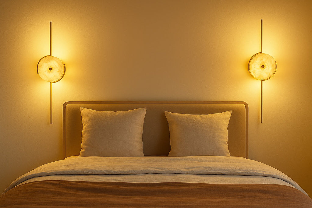 Bedroom with a bed, pillows, and wall sconces on a warm yellow background