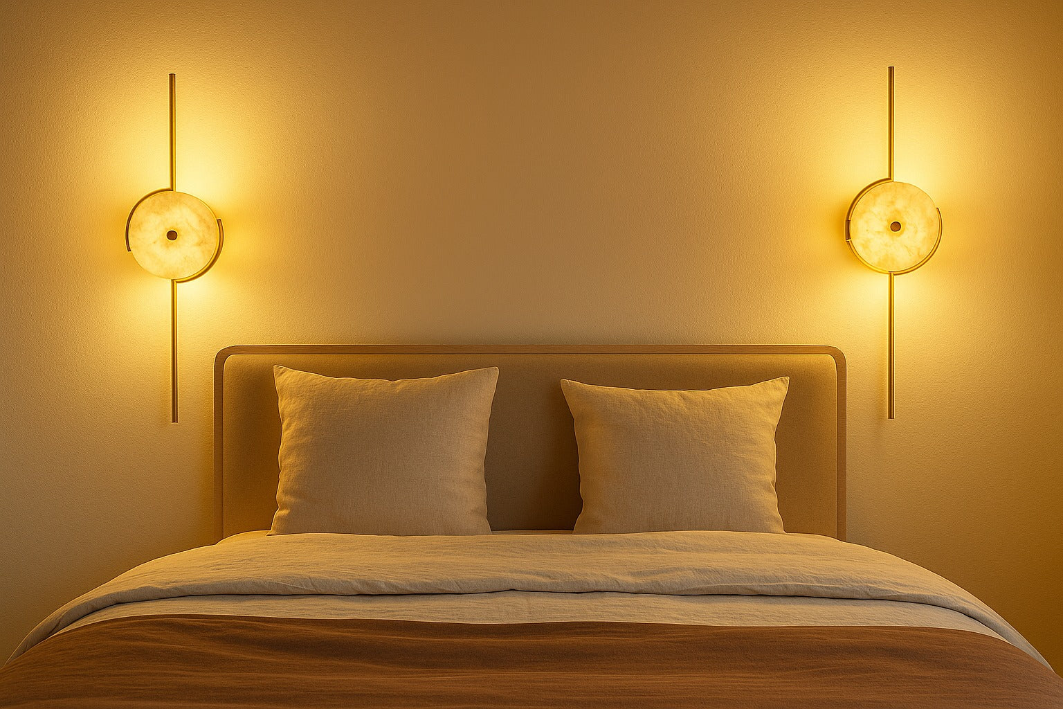 Bedroom with a bed, pillows, and wall sconces on a warm yellow background