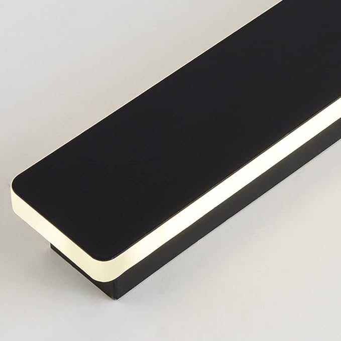 Black rectangular light fixture with LED strip on a white background
