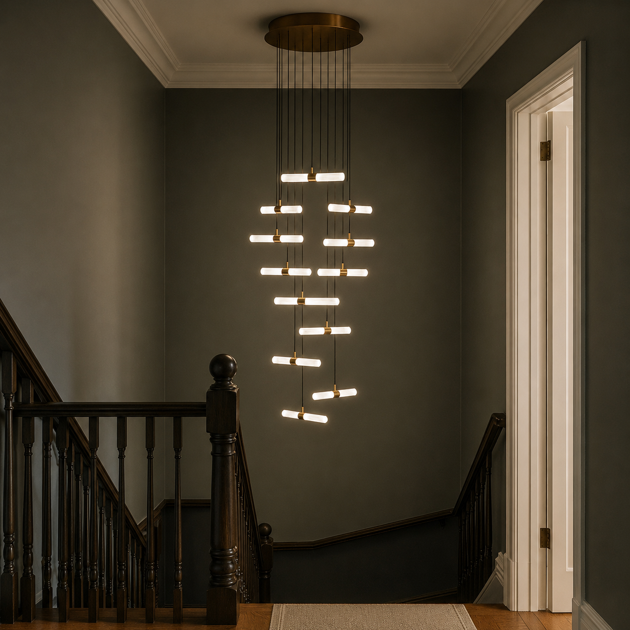 Modern chandelier hanging in a dimly lit hallway with staircase