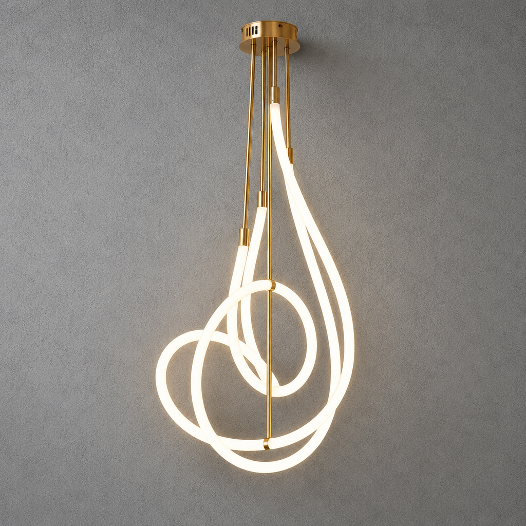 Modern pendant light with gold fixture and white cord on a gray background