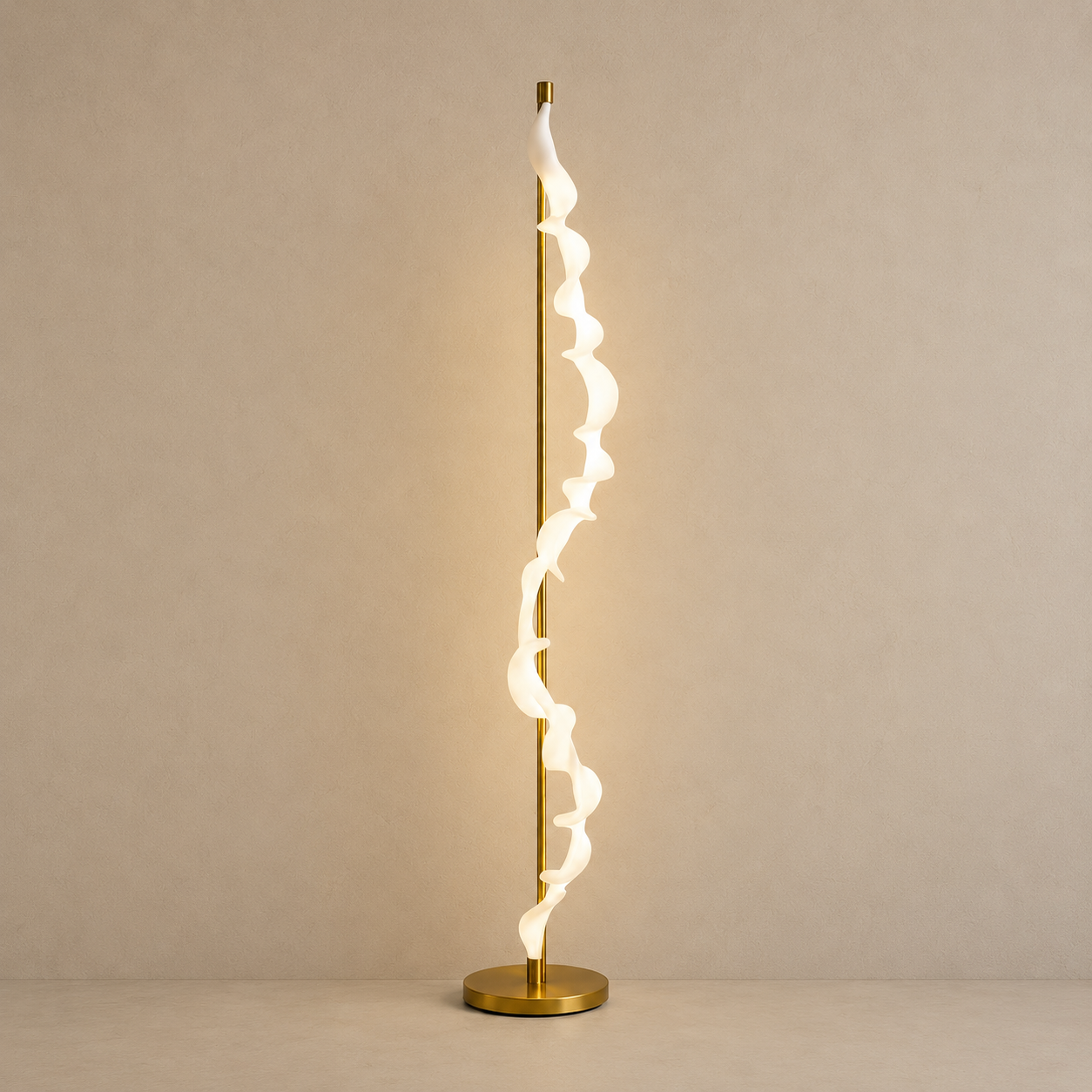 Modern floor lamp with wavy design on a beige background