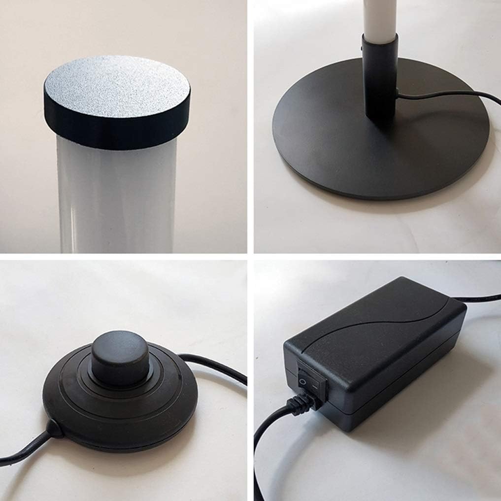Collage of a cylindrical light fixture with base, control knob, and power adapter on a neutral background.