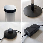 Collage of a cylindrical light fixture with base, control knob, and power adapter on a neutral background.