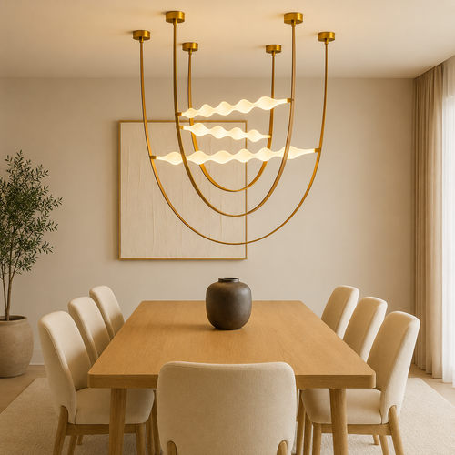 Dining room with a modern chandelier, wooden table, and beige chairs.