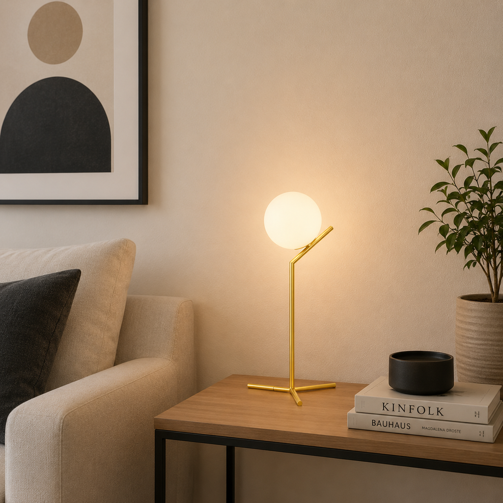 Modern table lamp on a side table with books and a plant in a cozy living room setting.