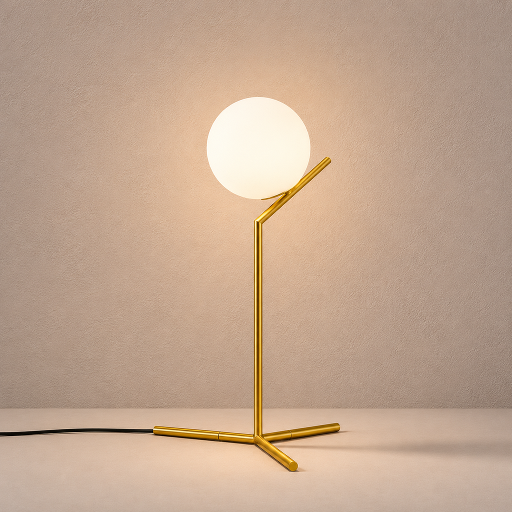 Modern table lamp with a gold base and white globe on a neutral background