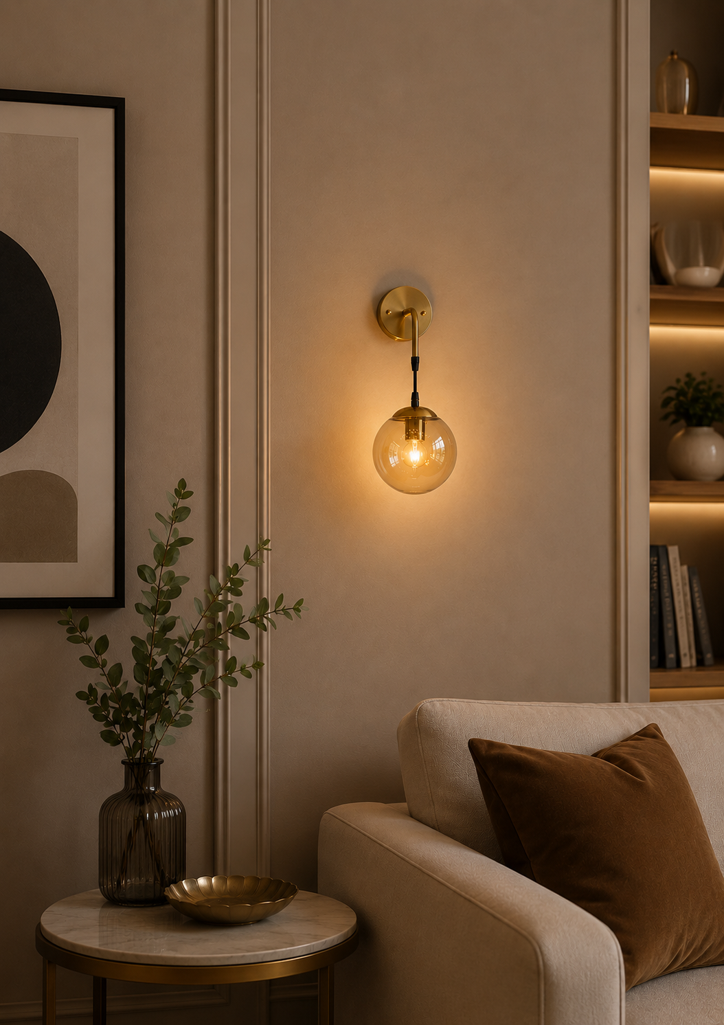 Wall-mounted light fixture in a cozy living room setting with a couch and decorative items.