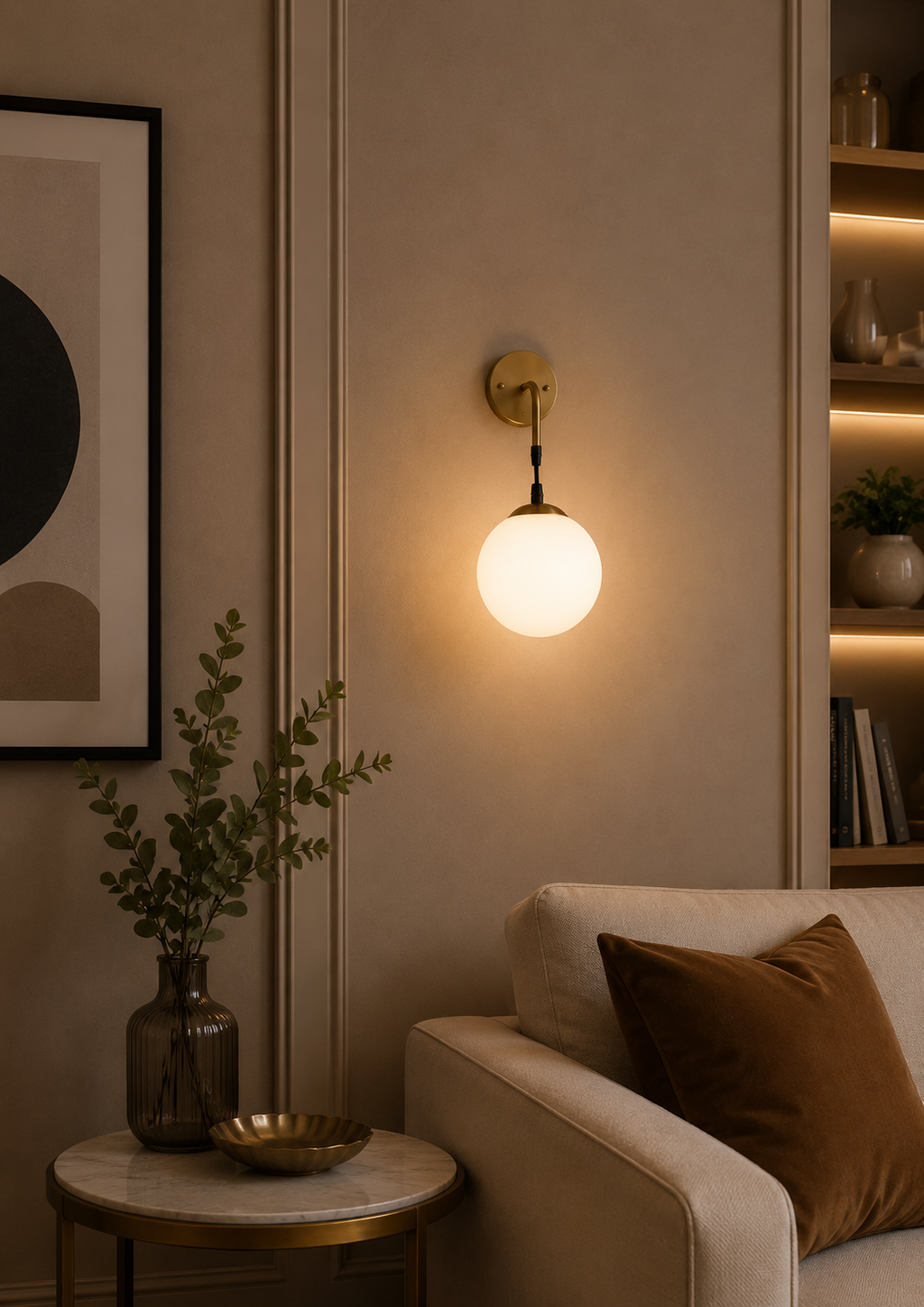 Wall-mounted light fixture in a cozy living room setting with a couch and decorative items.