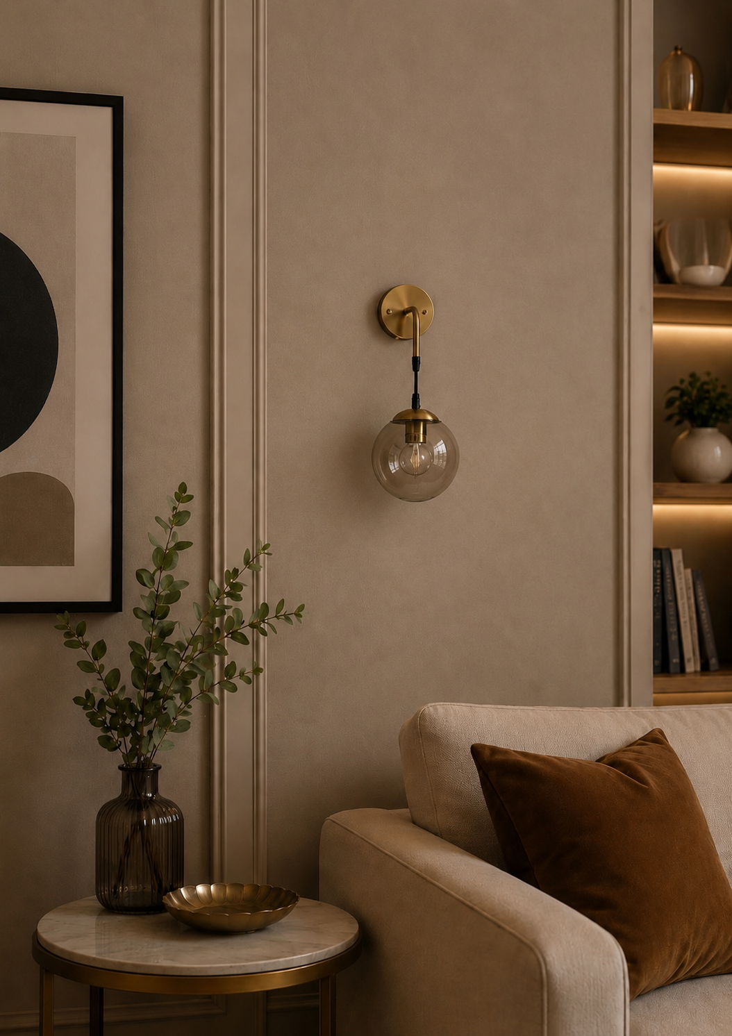 Decorative wall sconce with a glass shade in a living room setting.