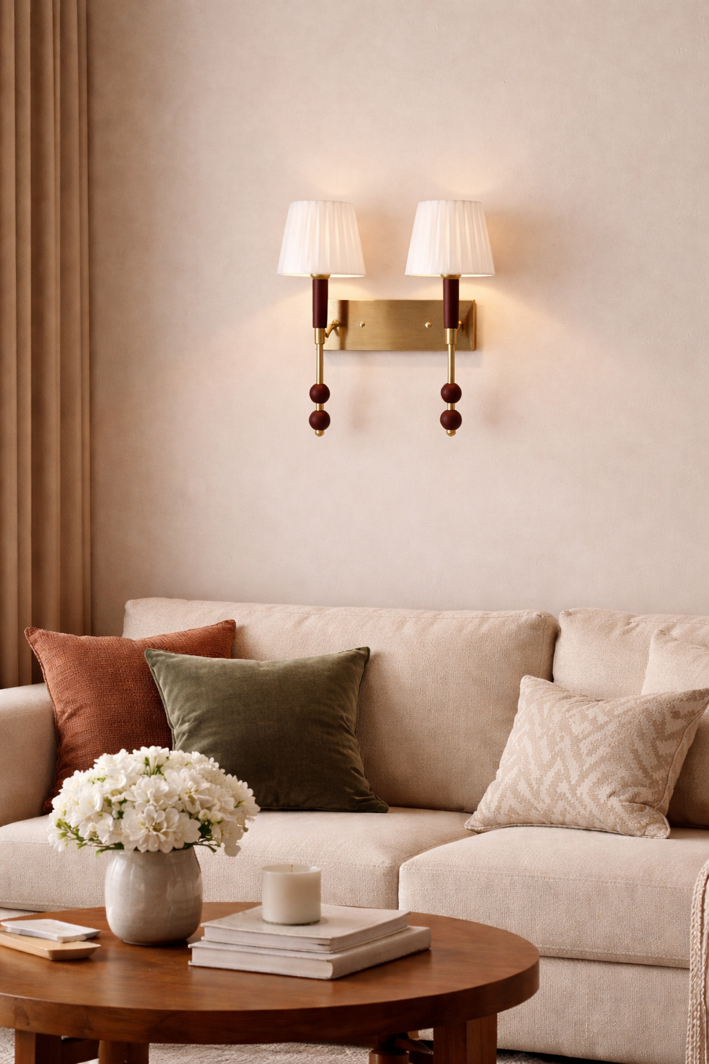 Living room with beige sofa, decorative pillows, and a wooden coffee table.