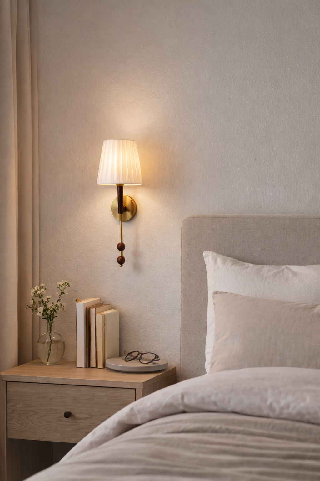 Bedroom with bedside table, books, and wall lamp.