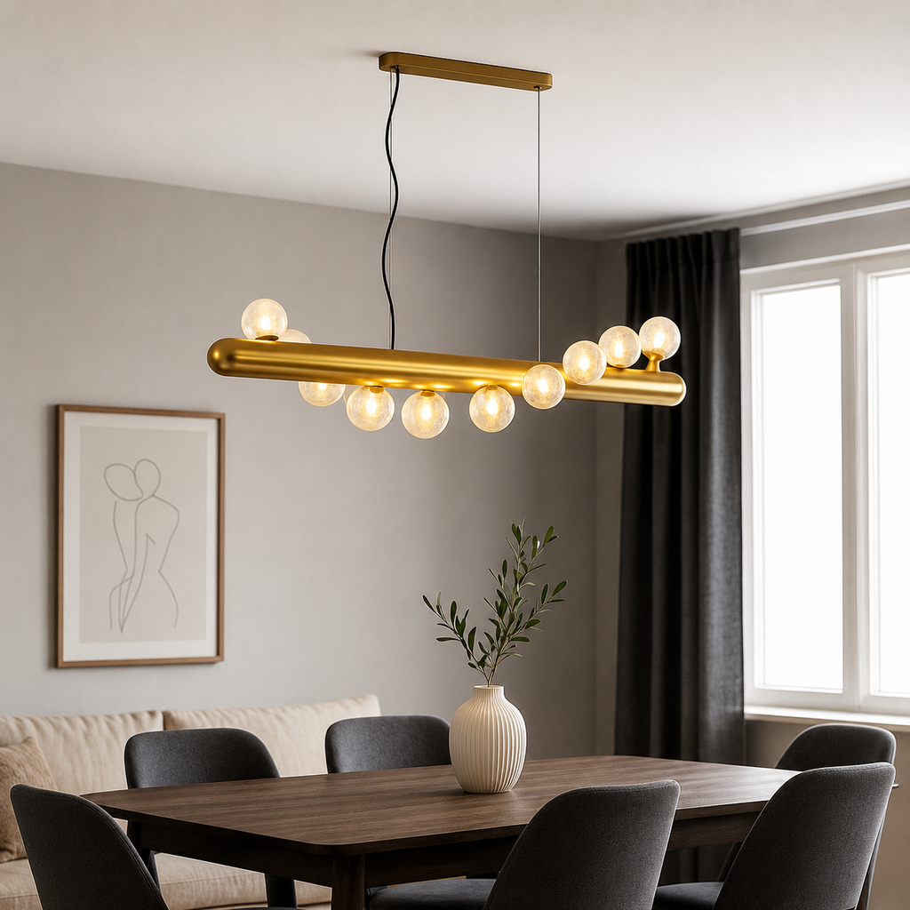 Modern dining room with a gold pendant light fixture, wooden table, and gray chairs.