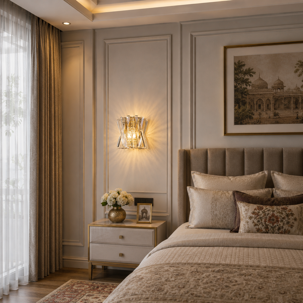 Luxurious bedroom with a bed, nightstand, and wall sconce.
