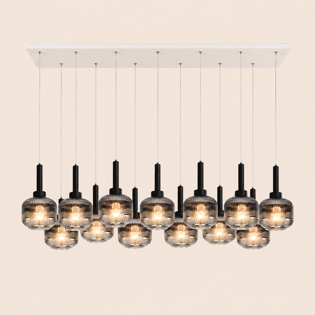 Modern chandelier with multiple glass lampshades on a beige background