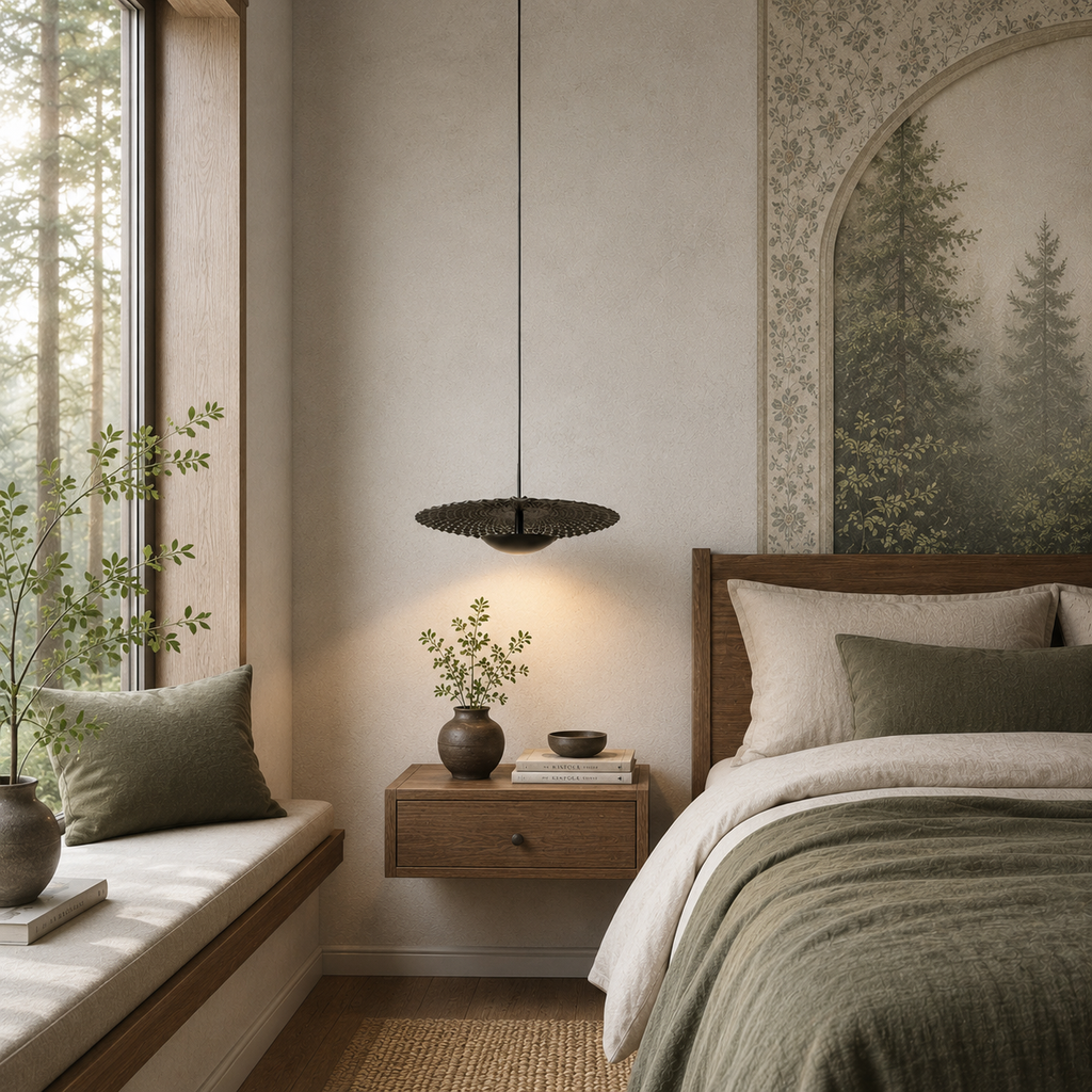 Modern bedroom with a bed, window seat, and wall art