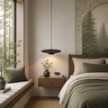 Modern bedroom with a bed, window seat, and wall art