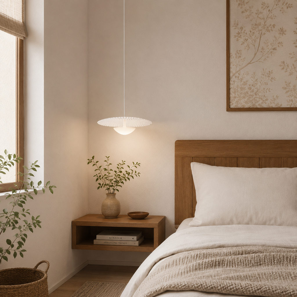 Nursery room with wooden crib, decorative wall art, and plants.