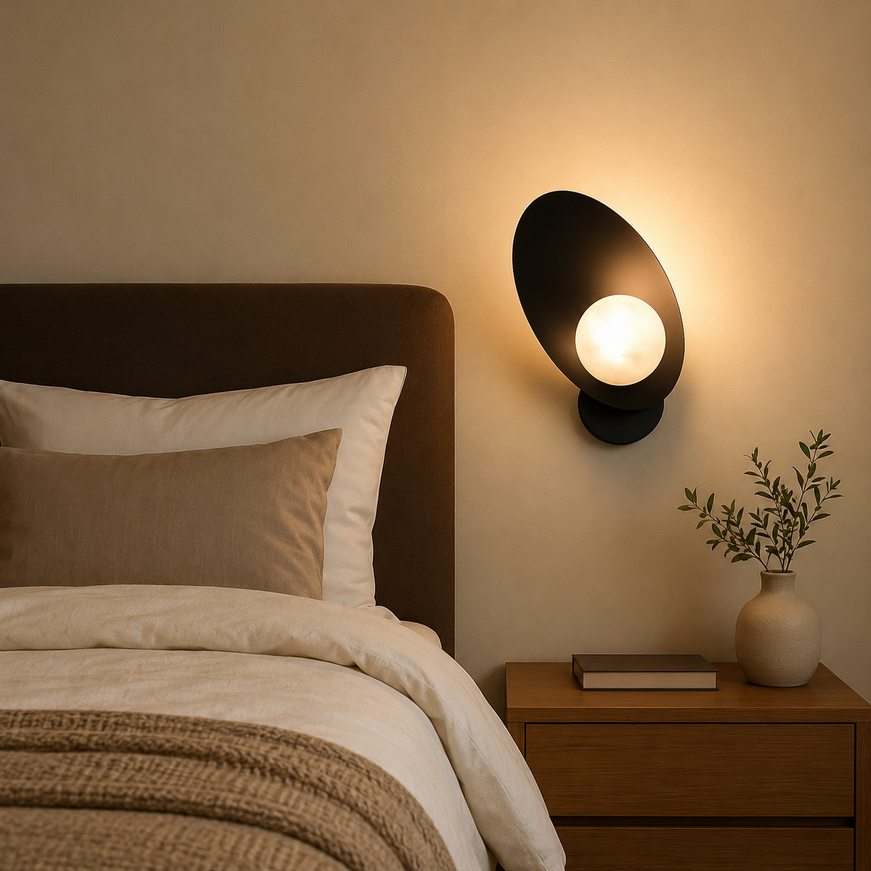 Bedroom with a wall sconce, bed, and nightstand with a plant and book.