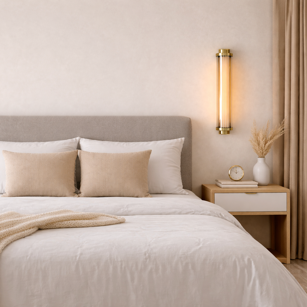 Neatly made bed with beige and white bedding in a bedroom setting.
