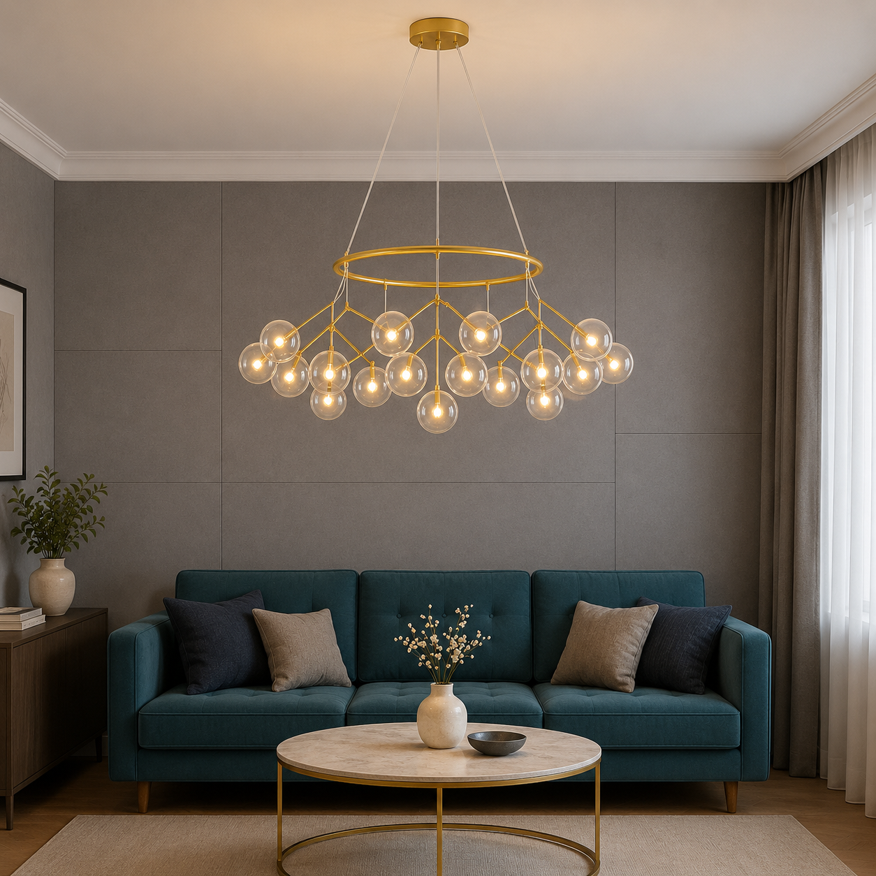 Modern living room with a gold chandelier, teal sofa, and round wooden coffee table.
