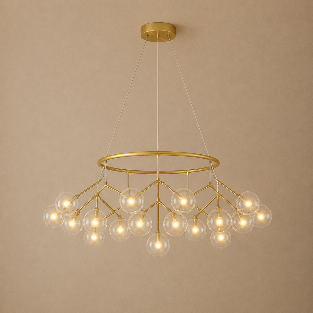Gold chandelier with multiple bulbs on a beige background