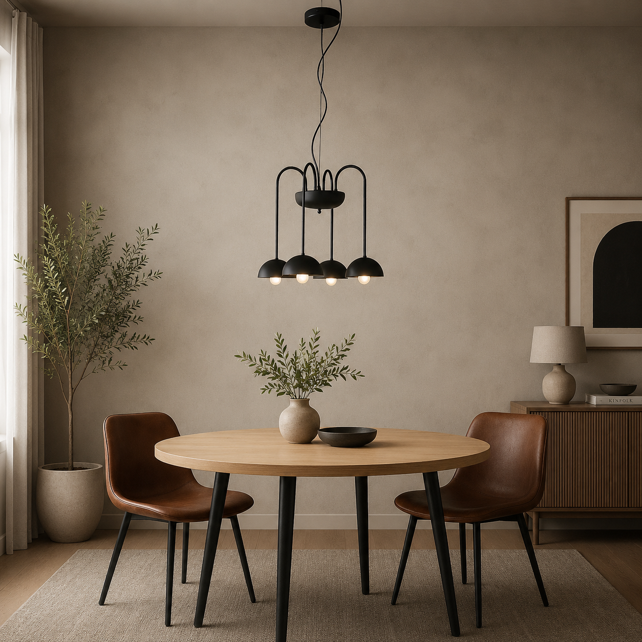 Dining room with round wooden table, brown chairs, and modern black pendant light.