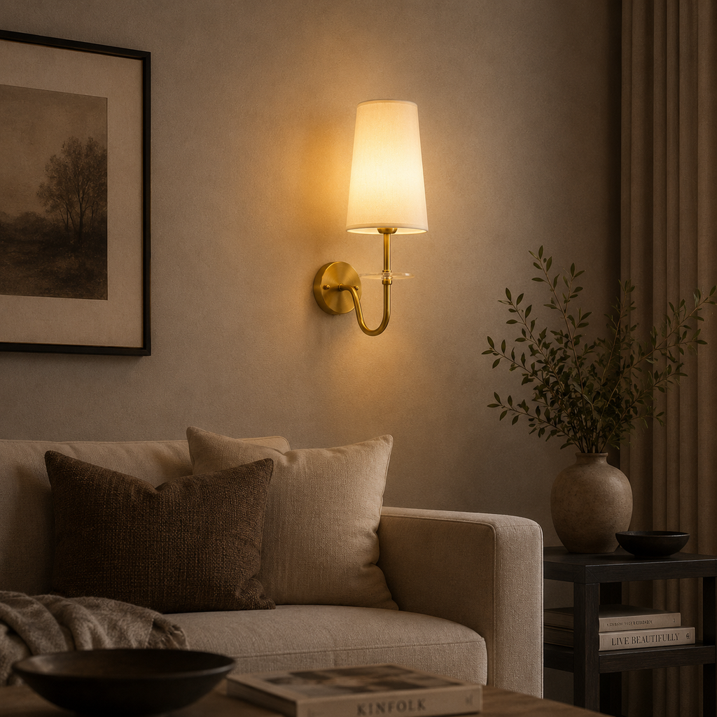 Cozy living room with a wall lamp, sofa, and decorative items.