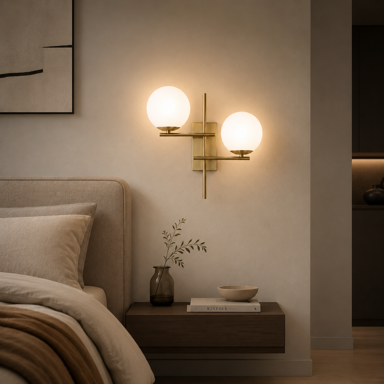 Modern wall sconce with two lights in a bedroom setting.