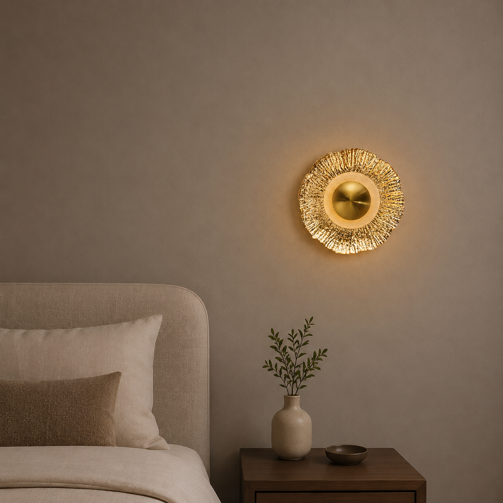 Decorative gold wall light fixture on a beige wall above a bed with a vase and plant on a nightstand.