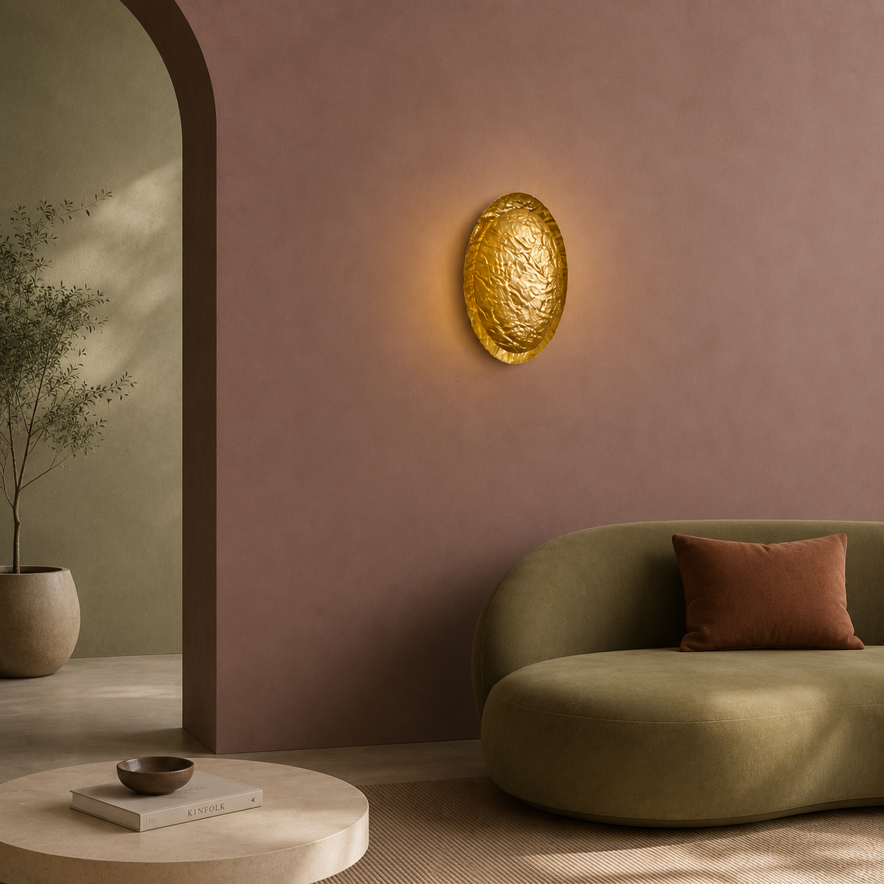 Modern interior with a gold wall light fixture, green sofa, and decorative items.