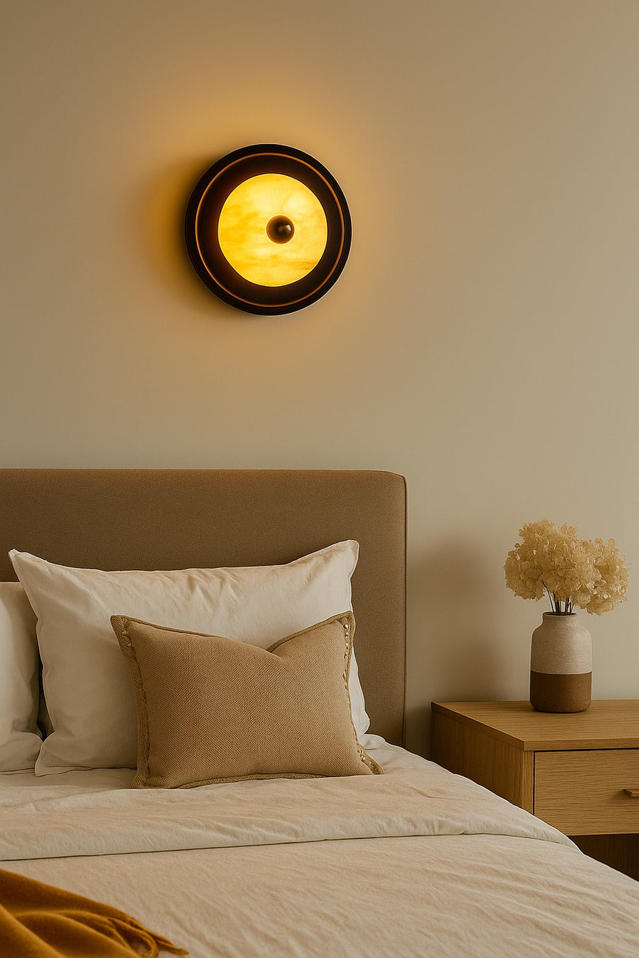 Bedroom with a wall sconce, bed, and nightstand with decorative items.