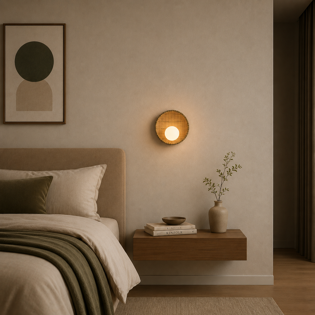 Modern bedroom with a bed, wall lamp, and decorative items.