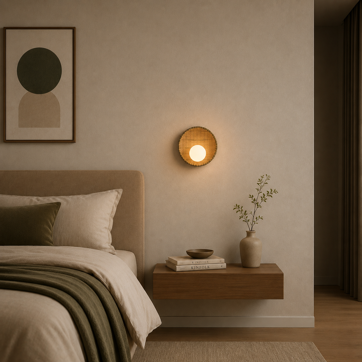 Modern bedroom with a bed, wall lamp, and decorative items.
