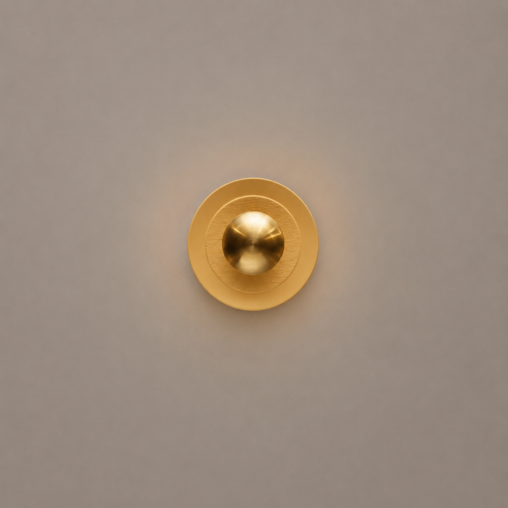 Gold circular light fixture on a beige wall