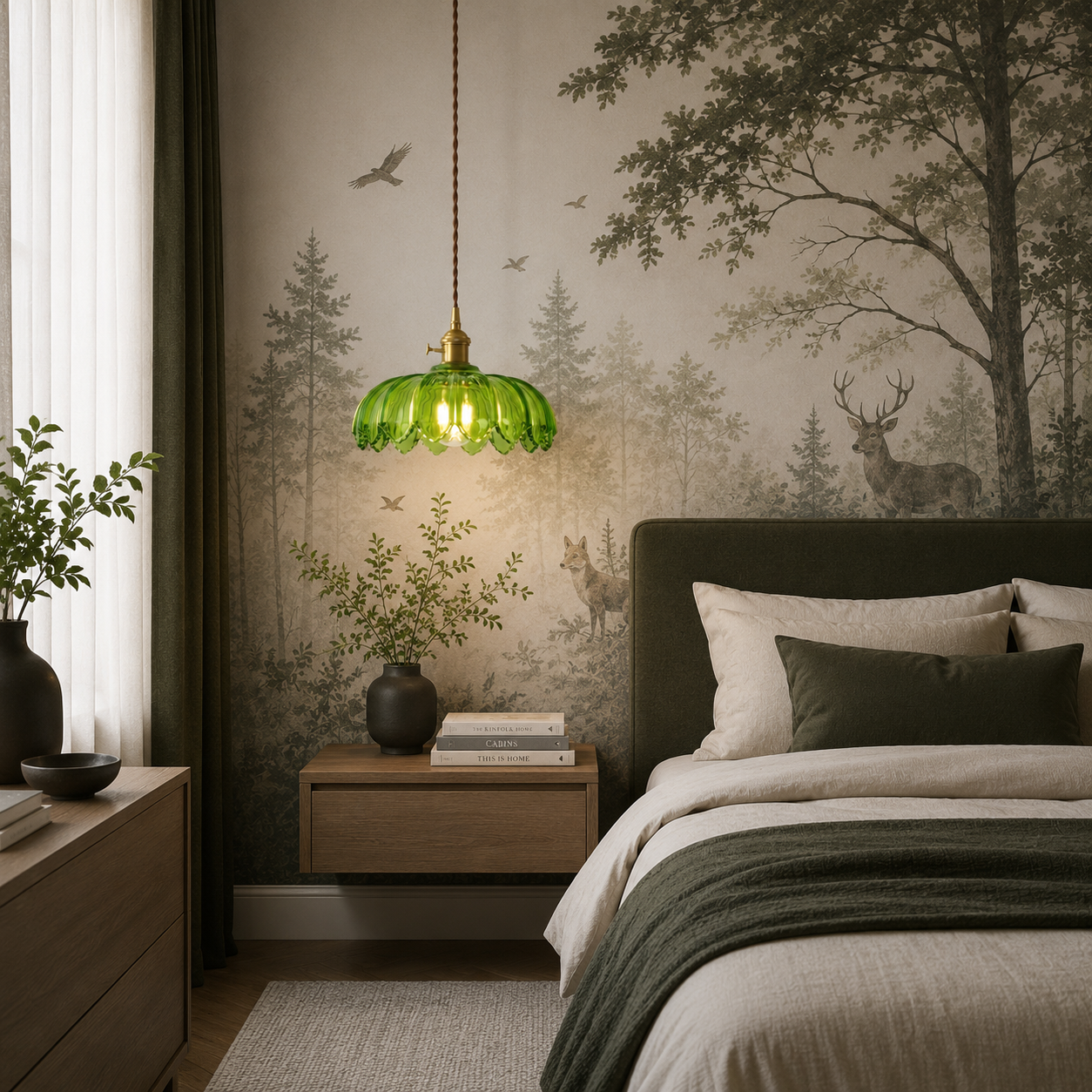 Modern bedroom with forest-themed wallpaper, green pendant light, and wooden nightstand.