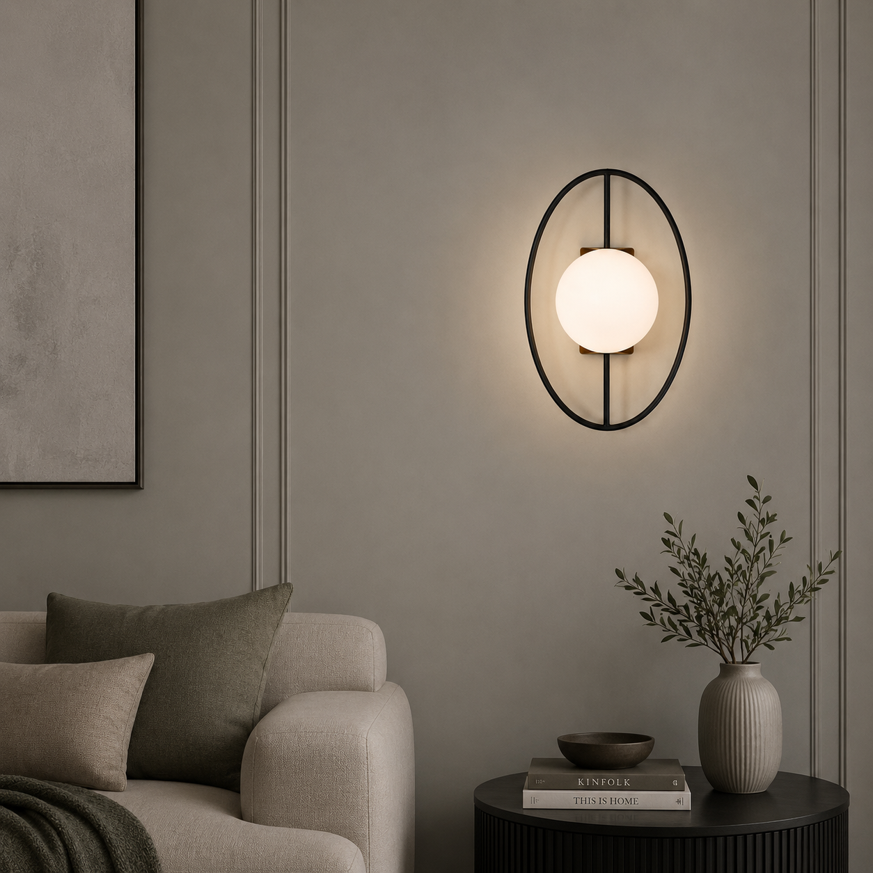 Modern wall lamp in a living room setting with a sofa and decorative items.