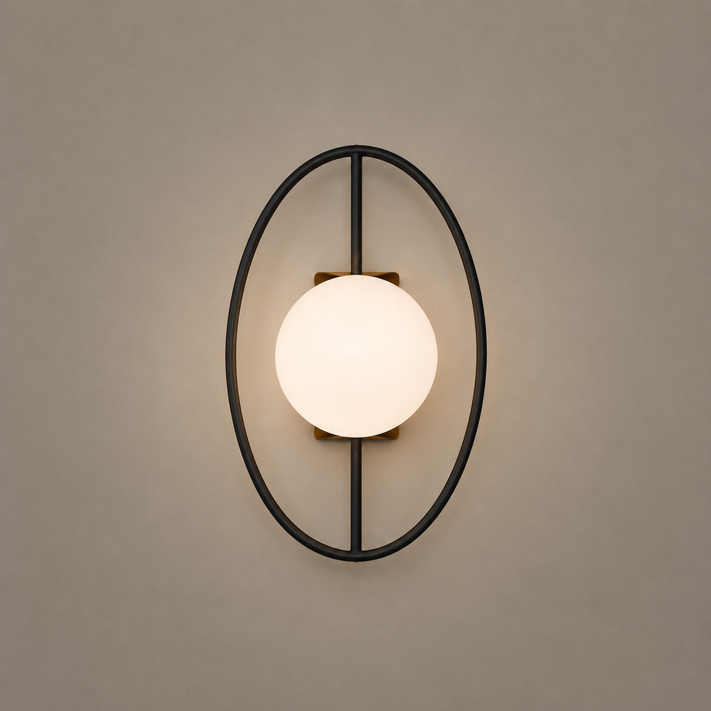 Wall-mounted light fixture with a round glass shade on a beige wall