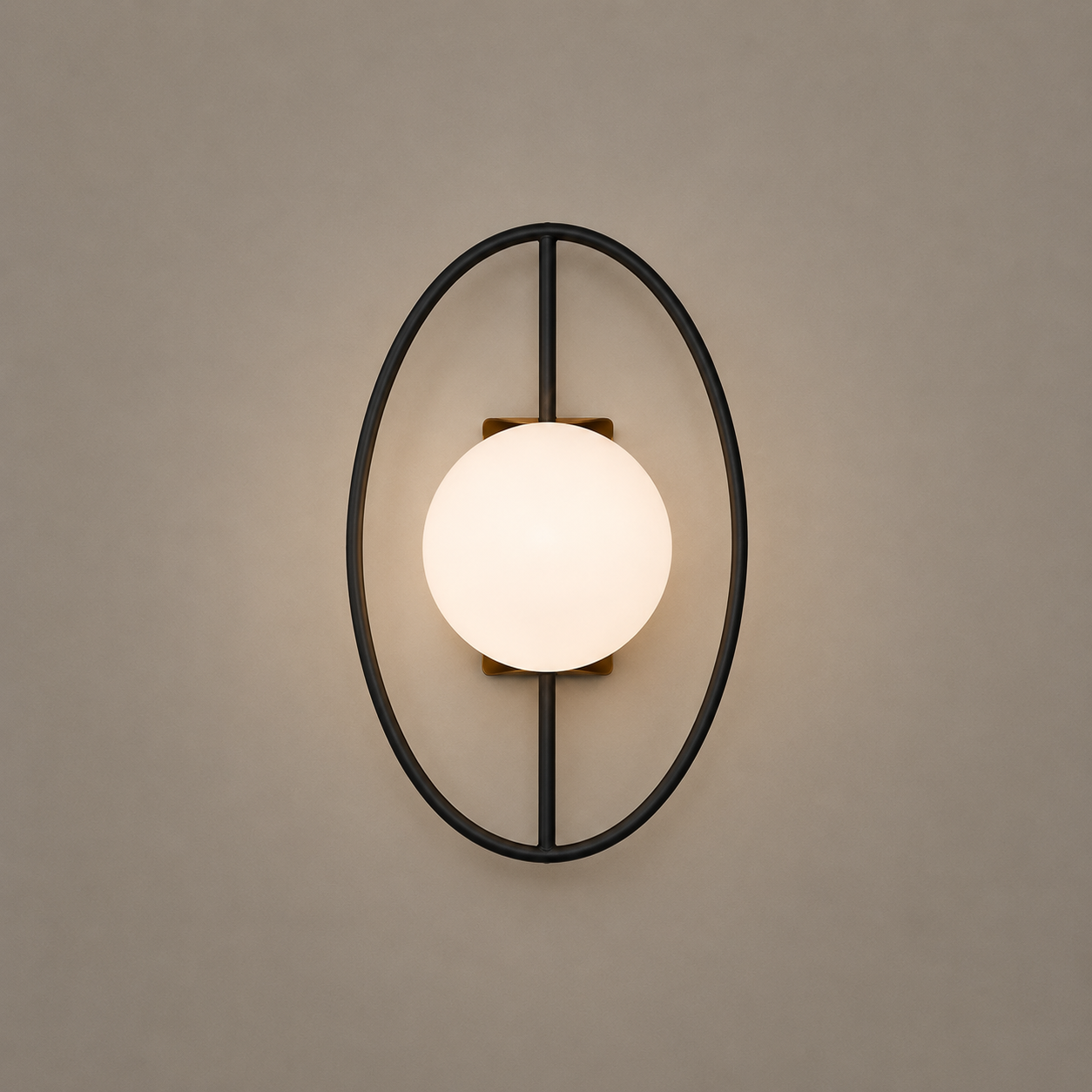 Wall-mounted light fixture with a round glass shade on a beige wall