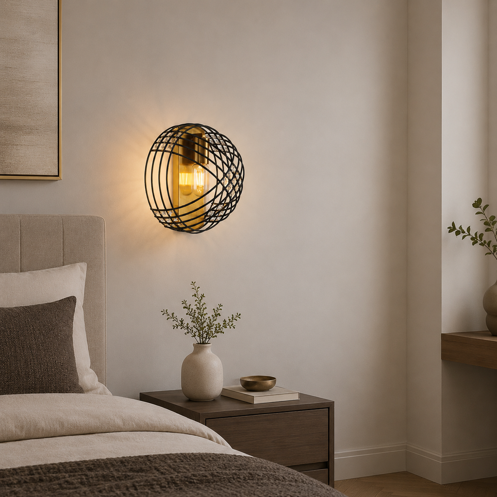 Decorative wall sconce in a bedroom setting with a bed and nightstand.