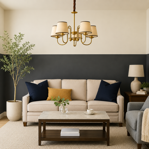 Living room with beige sofa, wooden coffee table, and decorative elements.