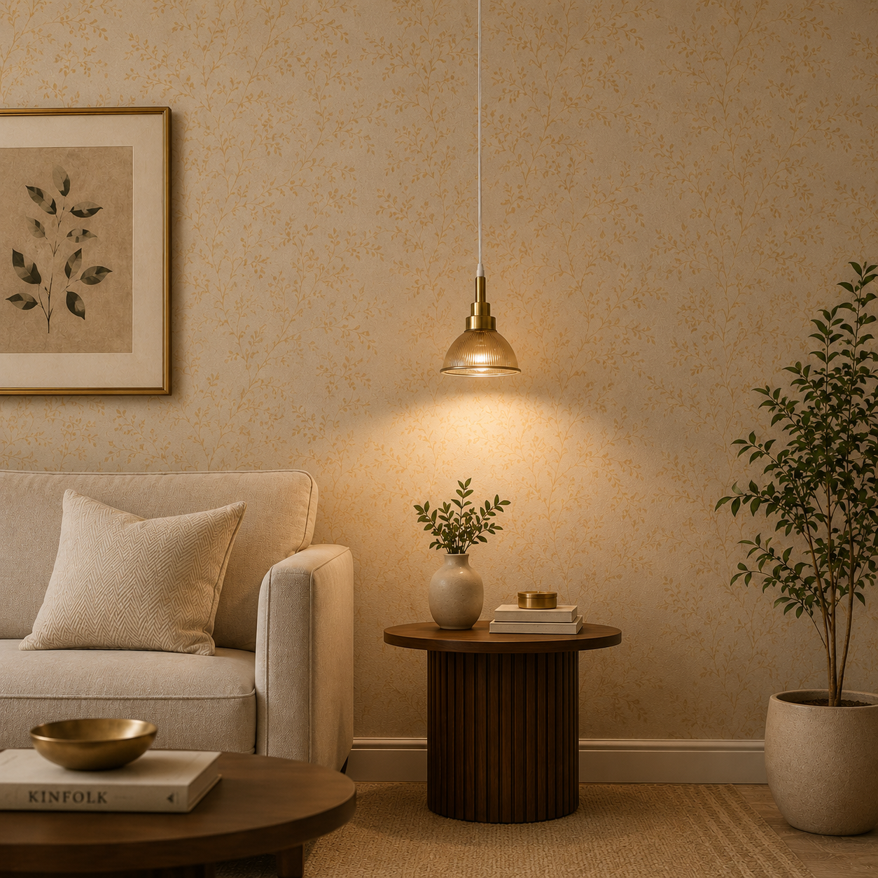 Cozy living room with beige sofa, wooden side table, and decorative elements.