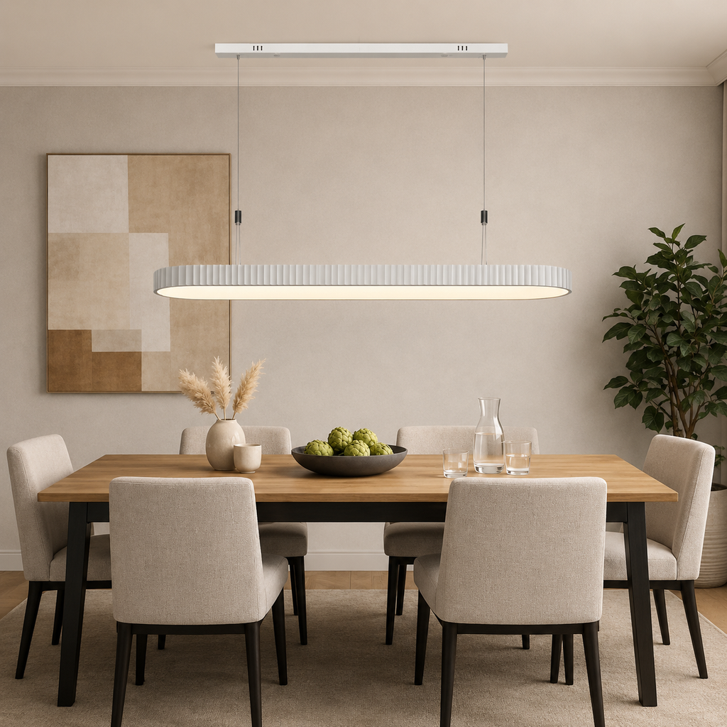Modern dining room with a wooden table, chairs, and pendant lights.